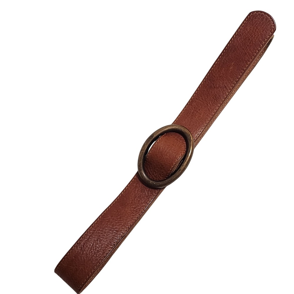 Vtg 80s GAP Belt Womens M Cowhide Leather Warm Tan Made USA Oval Brass Buckle - Picture 2 of 10
